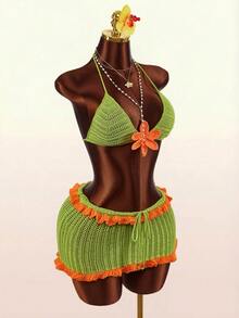 Amplova 女士度假沙滩3D花卉装饰露背吊带短款针织上衣和撞色荷叶边迷你裙两件套 - 綠色 - 查看 9