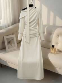 DAZY Women's Asymmetric Shoulder Bodycon Mid-Length Dress Maxi Dress Sundress - Apricot - View 5