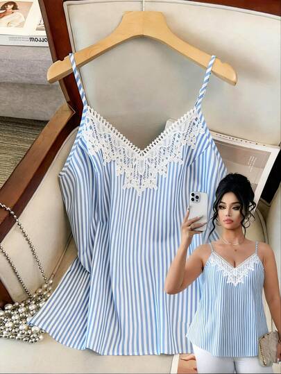 GlowEve CURVE Camiseta sin mangas y top de tirantes de mujer talla grande a rayas con cuello floral, casual y versátil, adecuado para primavera/verano