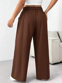 Solflare Plus Size Solid Color Button Casual Wide Leg Pants, Suitable For Graduation, Back To School, Teacher Outfits For Women, Rust Brown - Rust Brown - View 2
