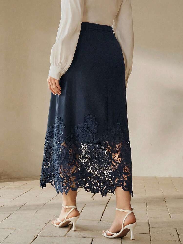 Falda A-Line de tela tejida con parches de encaje, sólida y con cinturón, elegante y de talla grande para mujer, para primavera/verano de Anewsta