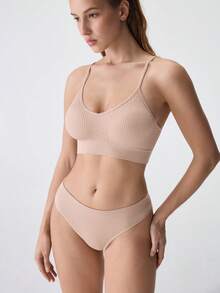 SHEIN Conjunto de lencería de sostén y panty sin costuras y sin adornos - Caqui - Ver 4