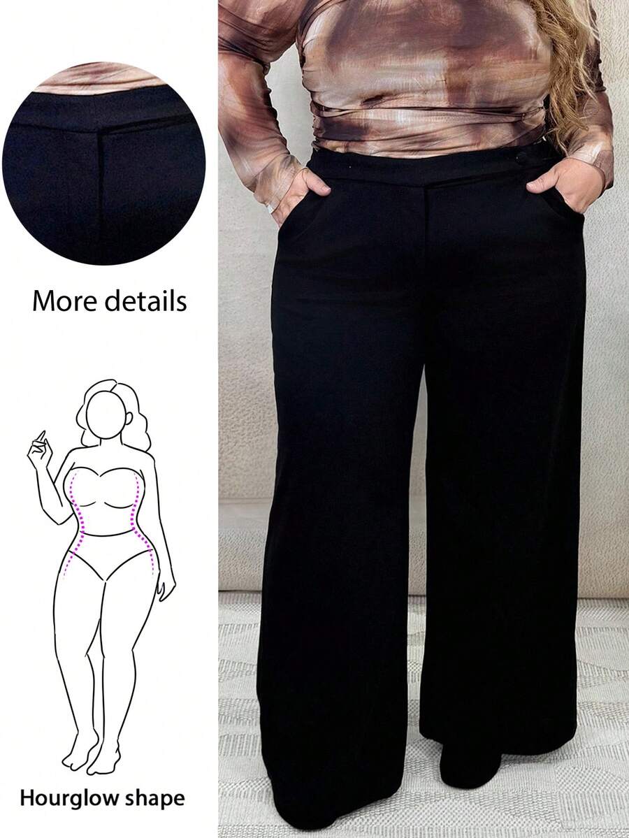 Hourglow Dollyholly86 Plus Size Women's Black Waist Asymmetric Button Straight Suit Pants Suitable For Going Out, Dating,Baggy Pants,Wide Leg Pants,Curve,Pants Suit,Elegance, For Hourglass Body Shape - Black - View 1