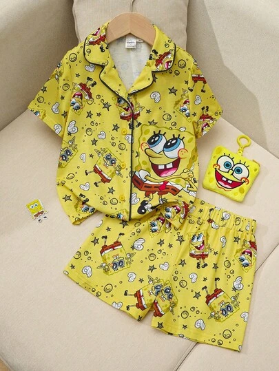 SpongeBob SquarePants | SHEIN 女童撞色拼接卡通印花舒适家居服