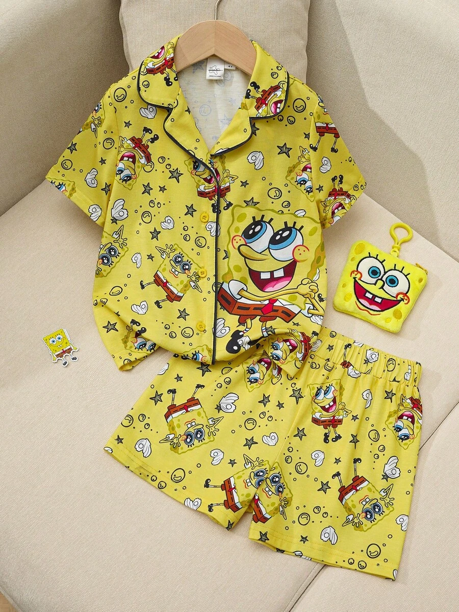 SpongeBob SquarePants | SHEIN 女童撞色拼接卡通印花舒适家居服 - 黃色 - 查看 1