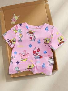 SpongeBob SquarePants | SHEIN 少女圆领短袖休闲T恤，带图案 - 粉色 - 查看 2