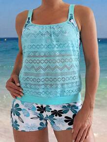 Swim Lushoire 4-Season High-Selling Beach Vacation Jacquard Adjustable Wide Strap Tankini Top & Elastic Waist Printed Swim Shorts 2 Pieces Bikini Set - Multicolor - View 3