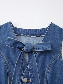 GlowEve Women's Autumn Sleeveless Denim Dress With Bow Decor Swimming Pastal Sexy - Medium Wash - View 5