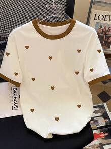 Resyla Plus Size Summer Casual Heart Print T-Shirt - Coffee Brown - View 1
