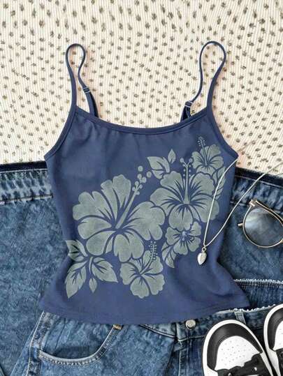 Glimmora Áo hai dây nữ in họa tiết hoa nhiệt đới, kiểu dáng ngắn thoải mái, phù hợp mặc hàng ngày vào mùa hè, đi tụ họp và dã ngoại.