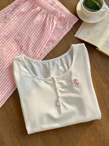 Comfortcana 2025新款秋冬加大码女装两件套，刺绣纽扣上衣搭配条纹长裤，白色沙滩装，适合感恩节、新年等节日穿着，女装 - 淺粉色 - 查看 3