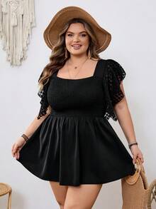 SHEIN CURVE+ 大码女式荷叶边花瓣袖罩衫 - 黑色 - 查看 3
