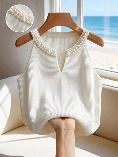 Franclia New Spring/Summer European & American Style Slim Fit Faux Pearl Luxurious Halter Neck Knit Top, Elegant Lady's Daily Commute, Party, Gathering Occasion Pearl Top Women Sleeveless Sweater White Elegant Top Knit Tops White Cute Top Beach Top