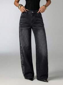 Aloruh 女士休闲水洗水钻装饰阔腿牛仔裤 - 黑色 - 查看 8