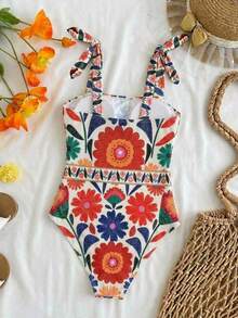 Travachic KIDS 少女夏季度假沙滩印花系带露肩连体泳衣 - 彩色 - 查看 2