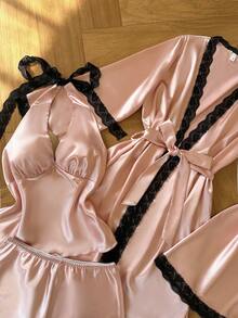 SilkySpell Bộ 4 món đồ ngủ nữ gợi cảm cổ chữ V, dây mảnh, áo choàng dài tay, áo hai dây buộc eo và quần short, màu hồng, phù hợp mọi mùa, viền ren. - Hồng - Xem 6