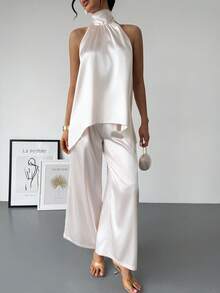 Rafferiza Set 2 Potong Pesta Vintage Seductive Elegant Backless Satin Ribbon Asymmetrical Halter Top Long Elastic Waist Loose Satin Pants Party Soft Pink - Aprikot - View 3