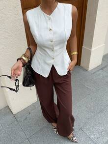 Siren Gaze 女士纯色单排扣马甲和裤子休闲套装 - 棕色 - 查看 4