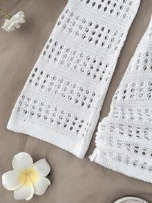 SHEIN 少女露肩侧打结罩衫连衣裙（不含比基尼），夏季沙滩度假连衣裙，褶皱蝴蝶结系带设计，白色钩针连衣裙，白色沙滩装，白色钩针罩衫，露肩罩衫，女士白色夏季服装，女士蕾丝针织上衣，女士露肩钩针上衣，白色夏季衬衫，女士白色连衣裙，女士夏季白色服装，女士夏季衬衫 - 米色 - 查看 4