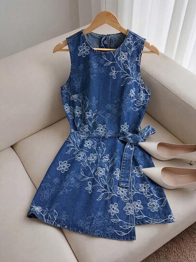 GlowEve Women's Vintage Floral Print Sleeveless Round Neck Denim Summer Dress Summer