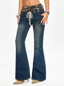 ROMWE Avant Women's Vintage 2 In 1 Camouflage Waistband Grommet Decor Distressed Flare Jeans - Blue - View 4