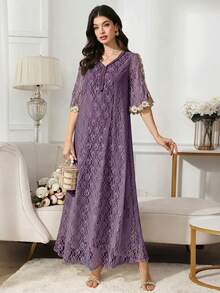 Al Najma Gaun Abaya Kasual Konservatif dengan Hiasan Renda untuk Wanita - Purple - View 7