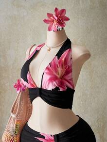 SHEIN ICON 大码女装 Y2K 度假风外出印花露脐吊带上衣和低腰印花迷你裙套装，夏威夷伊比沙岛穿搭 - 黑色 - 查看 6