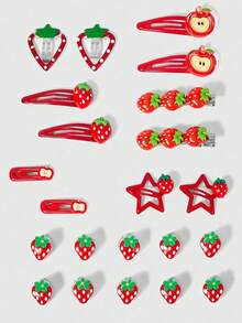 ROMWE Goth 22 kiểu kẹp tóc dâu tây táo ngẫu nhiên, kẹp tóc mỏ vịt phối màu trái cây Y2K, kẹp BB, kẹp gắp kết hợp, phụ kiện kẹp tóc nhỏ kiểu dáng dễ thương. - Đỏ xanh trắng - Xem 1