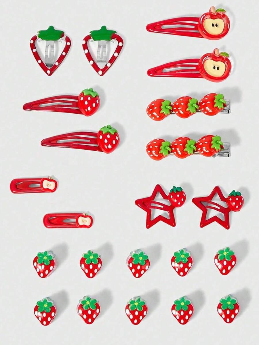 ROMWE Goth 22 kiểu kẹp tóc dâu tây táo ngẫu nhiên, kẹp tóc mỏ vịt phối màu trái cây Y2K, kẹp BB, kẹp gắp kết hợp, phụ kiện kẹp tóc nhỏ kiểu dáng dễ thương. - Đỏ xanh trắng - Xem 1
