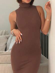 IamThia 极简主义办公室休闲高领无袖修身合身 H 型下摆超长女式毛衣连衣裙，灰色 - 咖啡棕 - 查看 4
