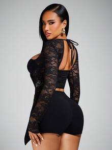 Radiana Sexy Elegant Unique Black Square Neck Lace Bodysuit Top, Sheer Lace Blouse, Long Sleeve Shirt, Black Tight Bustier, Suitable For Valentine's Day Date, Night Out, Party, Birthday, Club, Daily Wear, Cocktail, Concert, Festival, Stretchy Lace Fabric Hugs Curves - Black - View 7