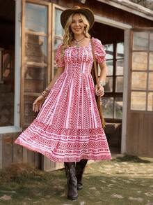 SHEIN LilyWest Đầm nữ thời trang đi nghỉ mát, họa tiết hình học, viền bèo nhún. - Hồng - Xem 4