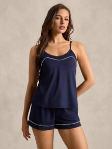 Women's British Style Navy Blue Contrast Trim Camisole & Shorts Pajama Set - Navy Blue - View 1