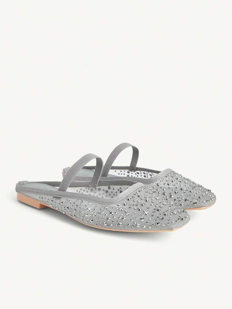 CUCCOO CHICEST Women Shoes Spring Summer Fashion Silver Full Diamond Mesh Elastic Women Flat Mule Shoes Elegant When Comfortable Cute Sweet Women Flat Shoes Half Slippers