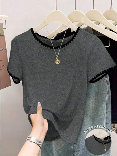 Resyla 大码女式碎花边短袖休闲圆领T恤