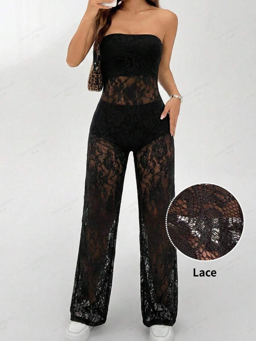 SHEIN EZwear 女士蕾丝抹胸连体裤，性感日常穿着 - 黑色 - 查看 1