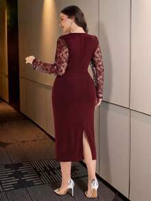 Modelyn Plus Size Elegant Party Formal Formal Formal Wedding Sequin Lace Patchwork Dress Burgundy Autumn Fall - Burgundy - View 2