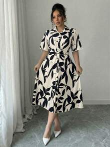 Elenzga Plus Size Casual Printed Short Sleeve Shirt Collar Dress - Apricot - View 5