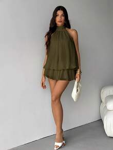 SHEIN Tall 优雅的浅黄色无袖系领迷你连衣裙，适合派对、约会、秋冬季和春夏季穿着。 - 軍綠色 - 查看 4