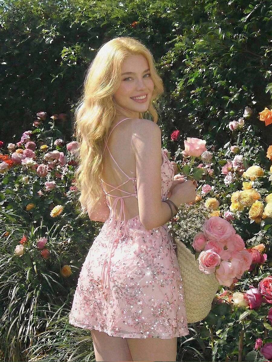 SHEIN MOD Women's Sequin Embroidered Backless Camisole Mini Dress - Pink - View 1