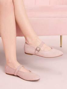 CUCCOO DOLLMOD Giày bệt nữ màu hồng nhạt, mũi tròn, quai ngang có khóa vuông màu vàng, kiểu Mary Jane, chất liệu da lộn, phong cách retro thanh lịch thường ngày, phù hợp cho trang phục hàng ngày và hẹn hò, giày bệt đế mềm, giày mùa xuân. - Màu Hồng baby - Xem 2