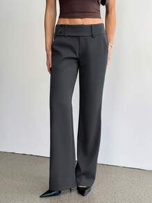 SHEIN Tall 女款時尚復古口袋喇叭腿長褲，灰色夏季辦公商務休閒女裝，老錢風穿搭，返校長褲，適合高個女性 - 深灰色 - 查看 10