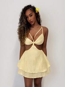 Amplova Women's Solid Color Spaghetti Strap Hollow Back Criss-Cross Ruffled Hem Mini Dress, Fashionable Summer,Summer Dresses For Women - Apricot - View 7