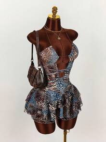 Amplova Bộ jumpsuit nữ in họa tiết toàn thân, khoét lưng, gợi cảm, không tay, kiểu yếm chéo, thắt eo, họa tiết da báo, thích hợp cho kỳ nghỉ biển, phong cách boho dễ thương. - Màu xanh lam - Xem 1