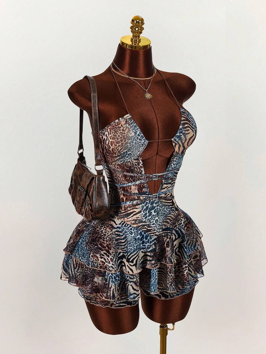 Amplova Bộ jumpsuit nữ in họa tiết toàn thân, khoét lưng, gợi cảm, không tay, kiểu yếm chéo, thắt eo, họa tiết da báo, thích hợp cho kỳ nghỉ biển, phong cách boho dễ thương. - Màu xanh lam - Xem 1