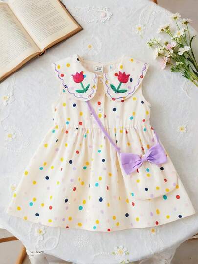 SHEIN 女婴彩色波点印花彼得潘领纽扣连衣裙，配可爱小包，适合休闲、度假、可爱、优雅等各种场合。