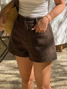 Women's Elegant Design Pocket Straight Leg Casual Shorts, Suitable For Office, Commuting, Spring & Autumn - Brown - View 7
