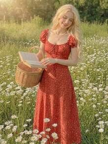 DAZY Women's Square Neck Ditsy Floral Red Puff Sleeve Midi Dress Summer Sundress - Dark Red - View 1