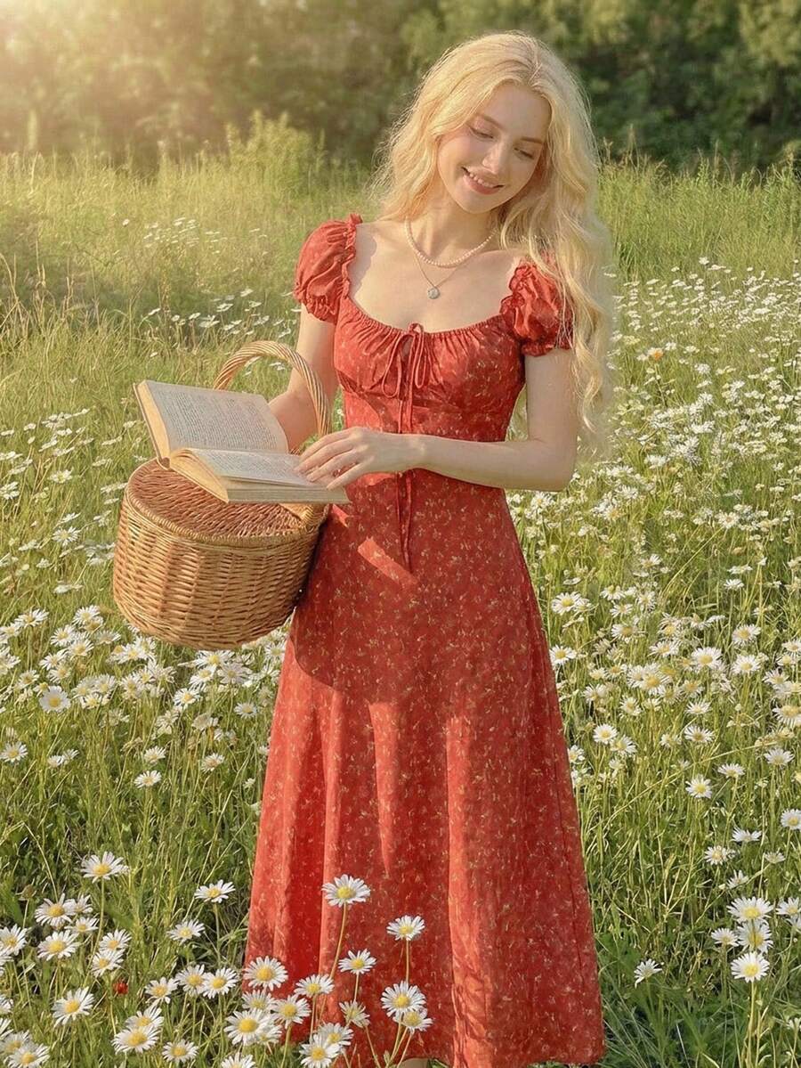 DAZY Women's Square Neck Ditsy Floral Red Puff Sleeve Midi Dress Summer Sundress - Dark Red - View 1