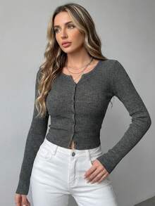DAZY Women's Solid Color Single-Breasted Ribbed Long Sleeve Cropped T-Shirt - Grey - View 6